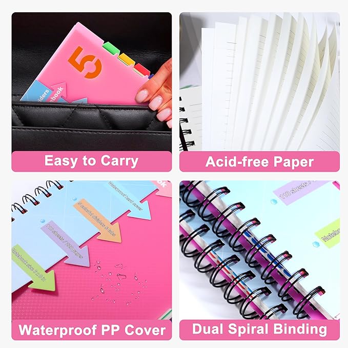CAGIE 5 Subject Notebooks College Ruled Spiral Notebook 6x8 Notebook with Divider Tabs 220 Pages Small Notebook for Work A5 Spiral Notebook College Ruled Notebook for Note Taking School
