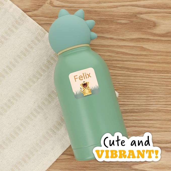 Camp Name Labels for Kids (33) – Custom Waterproof Stickers for Water Bottles, Lunch Boxes, Daycare & School with Unique Designs - Leopard