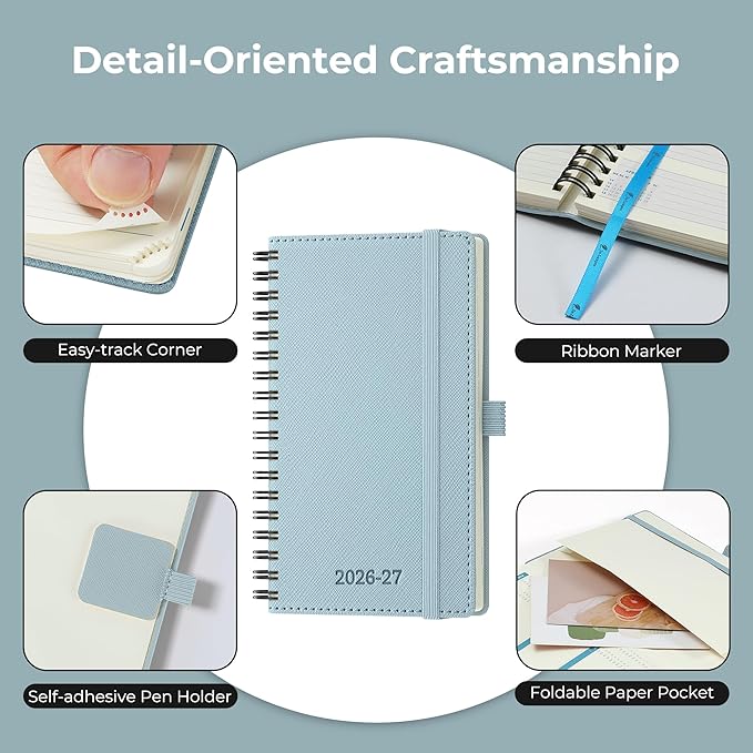 Planner 2026-2027 Daily Weekly and Monthly,6.5"x3.75",18 Months Spiral Bound Calendar Agenda with Self-adhesive Pen Holder,2026 Academic Plan with Vegan Leather Soft Cover,Dusty Blue