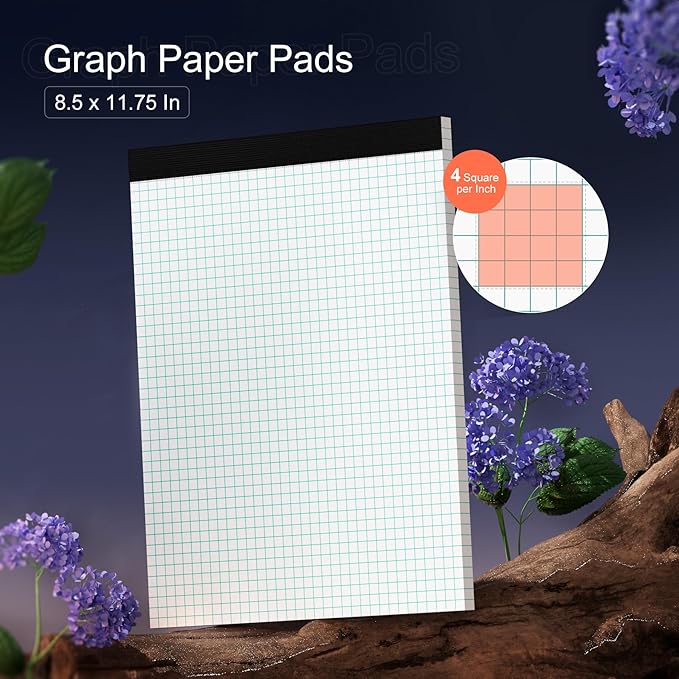 Graph Paper Pad 8.5 x 11 Grid Paper 4x4 Graphing Paper, 12 Pack Grid Paper Pad 30 Sheets per Notepad Graph Ruled Math Paper, Perforated Square Paper Pad 8.5'' x 11'' for Math/Design/Plan/Sketching