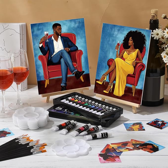 Cholemy 36 Pcs Paint and Sip Kit for Adults 8''x10'' Pre Drawn Canvas for Painting DIY Afro Acrylic Painting Kit Wood Easel Brushes Date Night Bulk for Father's Day Party Gifts(Couple)