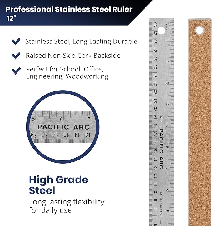 2 Pack Pacific Arc Stainless Steel 12 Inch Metal Ruler Non-Slip Cork Back, with Inch and Metric Graduations