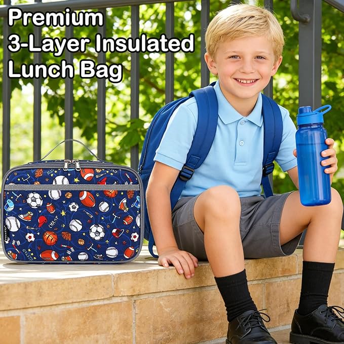 FlowFly Kids Lunch box Insulated Soft Bag Mini Cooler Back to School Thermal Meal Tote Kit for Girls, Boys,Football