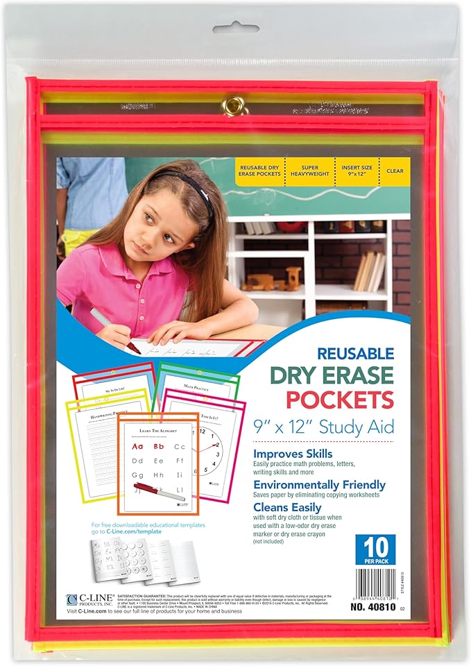 C-Line Reusable Dry Erase Pockets, 9 x 12 Inches, Assorted Neon Colors, 10 Pockets per Pack (40810)