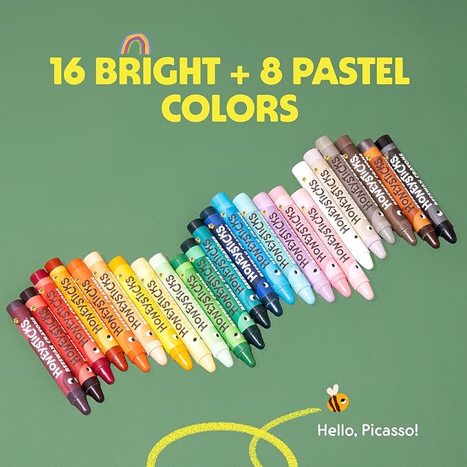 Honeysticks Jumbo Crayons (24 Pack) - Non Toxic Crayons - 100% Pure Beeswax and Food Grade Colors - 24 Bright Colors - Large, Easy to Hold and Use - Preschool Art Supplies for Toddlers/Kids 3-5, 4-8