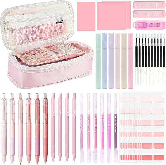 MoKo 49Pcs Aesthetic School Supplies, Pink Cute Pencil Case Set with Pastel Highlighters, Mechanical Pencils with Refills, Eraser & Sticky Notes Tabs Set for Middle & College Students Stationery