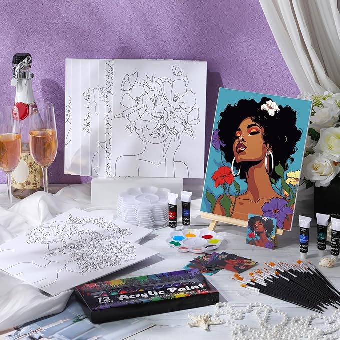 Ctosree 72 Pcs Flower Lady Paint and Sip Kit for Adults 8'' x 10'' Pre Drawn Canvas for Painting DIY Pre Printed Canvas for Party Favor Acrylic Painting Kit Wood Easel Brushes Date Night Bulk