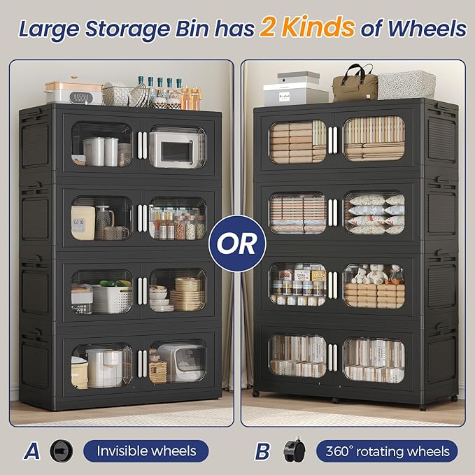 200GAL Extra Large Storage Bins with Lid, 800QT Storage Bins with Wheels, Folding Closet Organizer, Stackable Collapsible Plastic Storage Containers for Home, Office, Kitchen, 4Pack Black