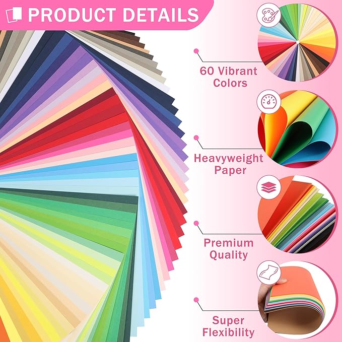 60 Sheets Colored Cardstock - 60 Mixed Colors Card Stock Paper 8.5"x11" Thick 180gsm/65lb Printer Paper for Card Making, DIY Crafts, Scrapbooking, Party UAP28MX060