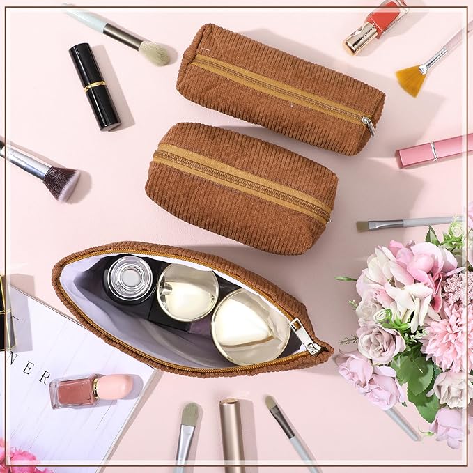 Huhumy 3 Pcs Makeup Bag Set for Women Corduroy Cosmetic Pouch Aesthetic Smile Travel Toiletry Bag Cute Purse Pouch Pencil Case Makeup Brushes Storage Organizer with Zipper(Brown,Solid Style)