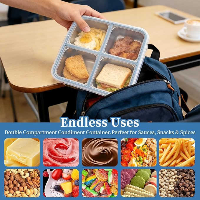 2 Pack Stainless Steel Snack Containers, Leakproof 4 Compartment Meal Prep Containers with Lids, Reusable Metal Bento Box for Adults Office Travel Gym Lunch Box for Work Dishwasher Safe