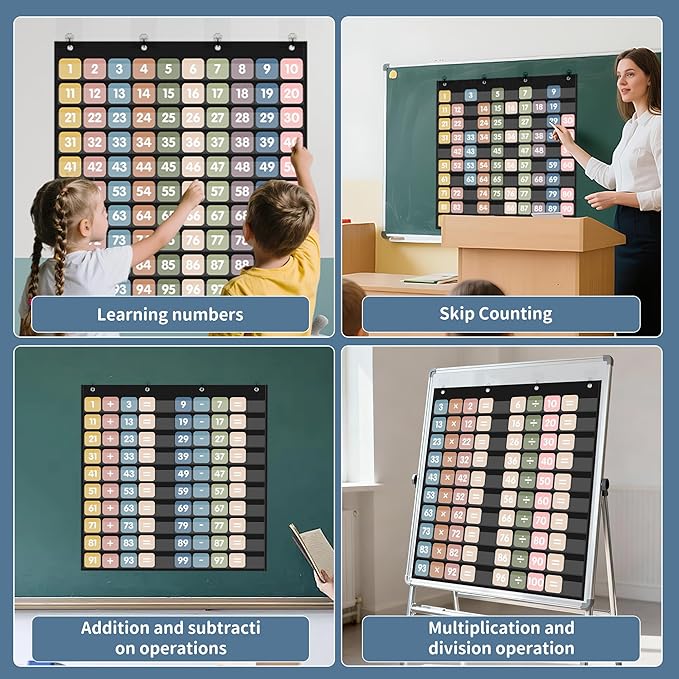 Yoink Hundreds Pocket Chart with 120 Double-Sided Cards, 1-100 Boho Number Pocket Chart for Classroom, Homeschool Counting, Teacher Supplies(Black)