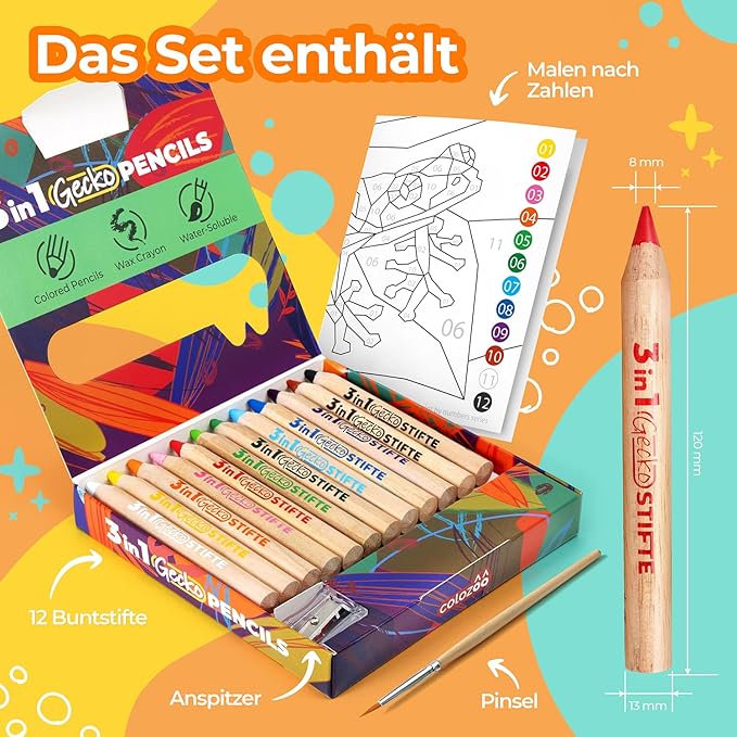 3 In 1 Color Pencil Set for Kids -12 Colored Pencil for Toddlers. Fat Coloring Pencils with Brush and Sharpener - Non-Toxic and Vegan Cute Color Pencils Perfect for Toddler Art Supplies