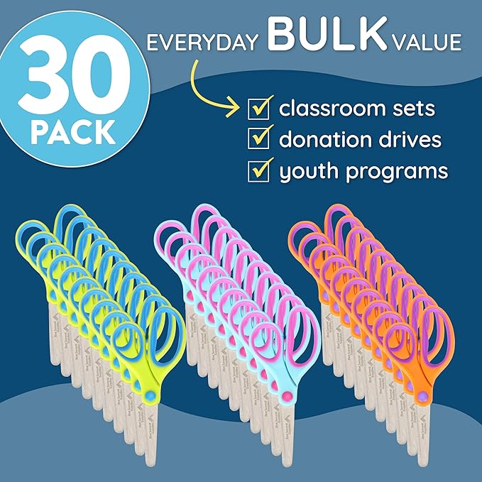 Blue Summit Supplies 30 Pack Kids Scissors Bulk with Comfort Grip, Bulk Scissors for Classroom and School, Blunt Tip for Student Safety, Assorted Colors - Orange, Blue, and Pink