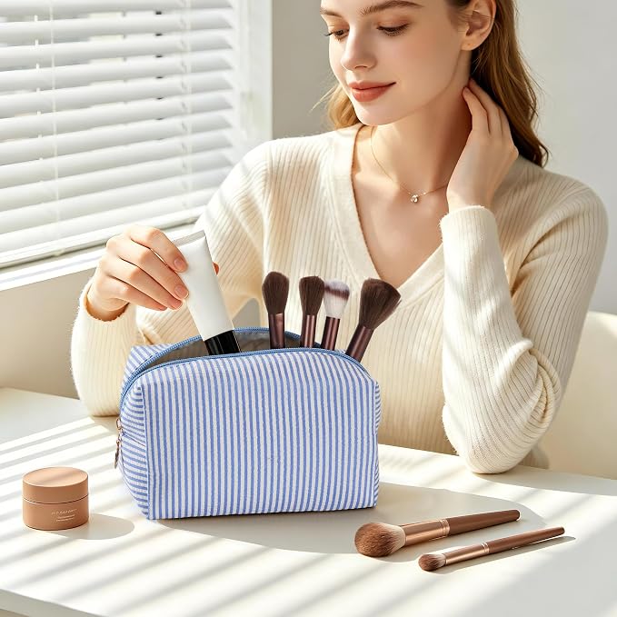 Makeup Bag Travel Toiletry Bag for Women, Small Cosmetic Bags Cute Stripe Blue Aesthetic Organizer Makeup Pouch for Purse Emergency Bag Pencil Case Accessory Bag