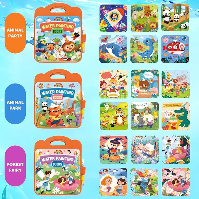 Usmfuie Water Coloring Book for Toddlers 1-3 - Mess Free Reusable Magic Reveal Montessori Painting Book with Water Pen - No Mess Paint with Water Activity for Kids Ages 2-4
