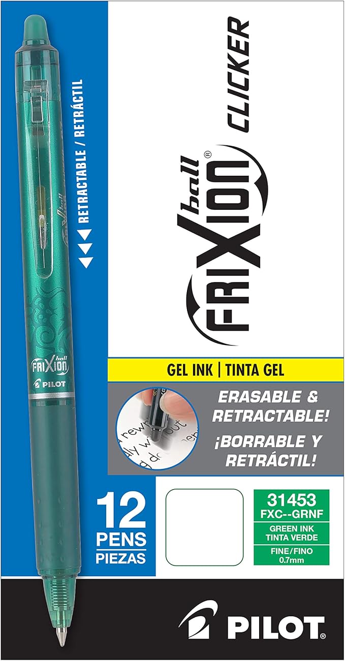 PILOT FriXion Clicker Erasable, Refillable & Retractable Gel Ink Pens, Fine Point, Green Ink, 12-Pack (31453)