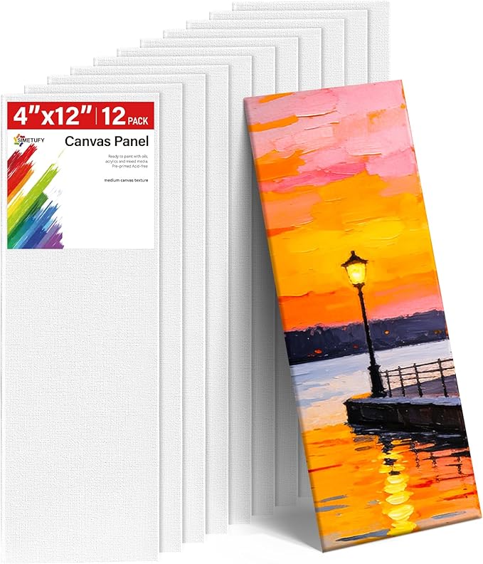 Simetufy Long Canvas Panels 4x12 Inch, 12 Pack – Primed 100% Cotton Flat Canvas Boards for Painting – Acid-Free White Art Surfaces for Oil, Acrylic, Gouache & Tempera