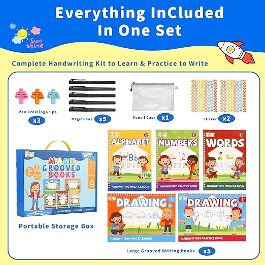 Magic Grooved Handwriting Practice Book for Kids Ages 3-8, Reusable Tracing Workbooks with Auto-Disappearing Ink, Preschool Learning Activities for Toddlers-Gifts for Children