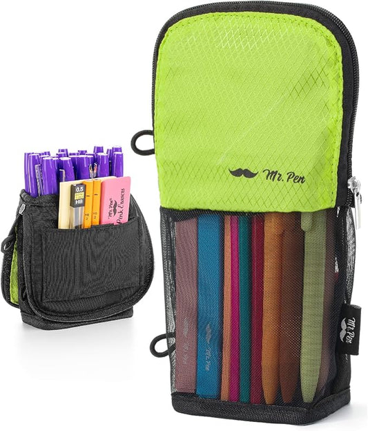 Mr. Pen- Standing Pencil Case Pouch, Sit & Lay Mesh-View Design, Black & Lawn Green, Interior Pocket & 2 Elastic Binder Loops, Cute Pencil Case for Girls and Boys