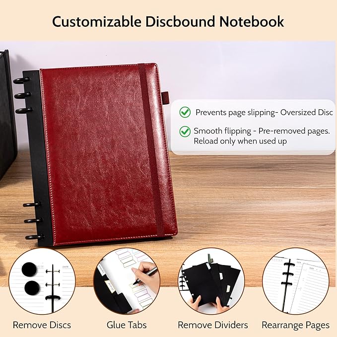 Refillable Notebooks for Work Discbound: Hardcover Notebook with 5 Subject Removable Dividers Tabs Colleged Ruled Large Journal for Writing Women Men 240 Pages,Dark Red