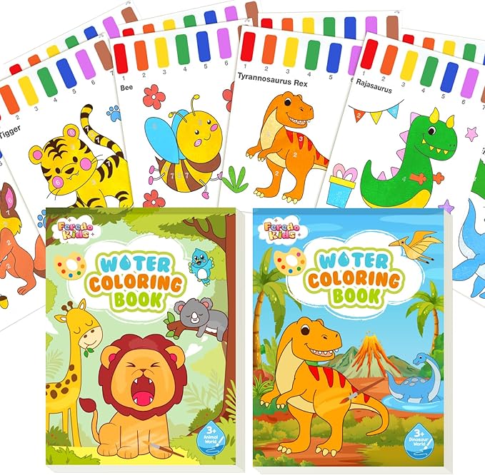 Water Coloring Books for Toddlers - Watercolor Paint Book Drawing Art Paper for Kids Mess Free Craft Supplies kit Toy for Age 3 4 5 6 Valentines Birthday Gift(Dinosaur,Animals)