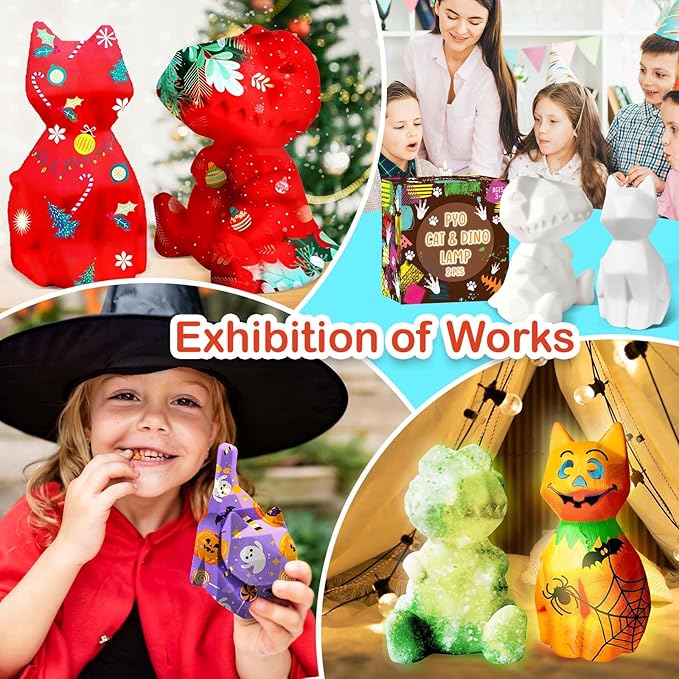 Goody King Paint Your Own Cat & Dinosaur Lamp Kit, 3PCS DIY Night Light, Arts & Crafts for Kids Ages 8-12, Art Supplies Painting Kit for Kids 6-12, Art Supplies Craft Birthday Gifts for Kids Ages 3+