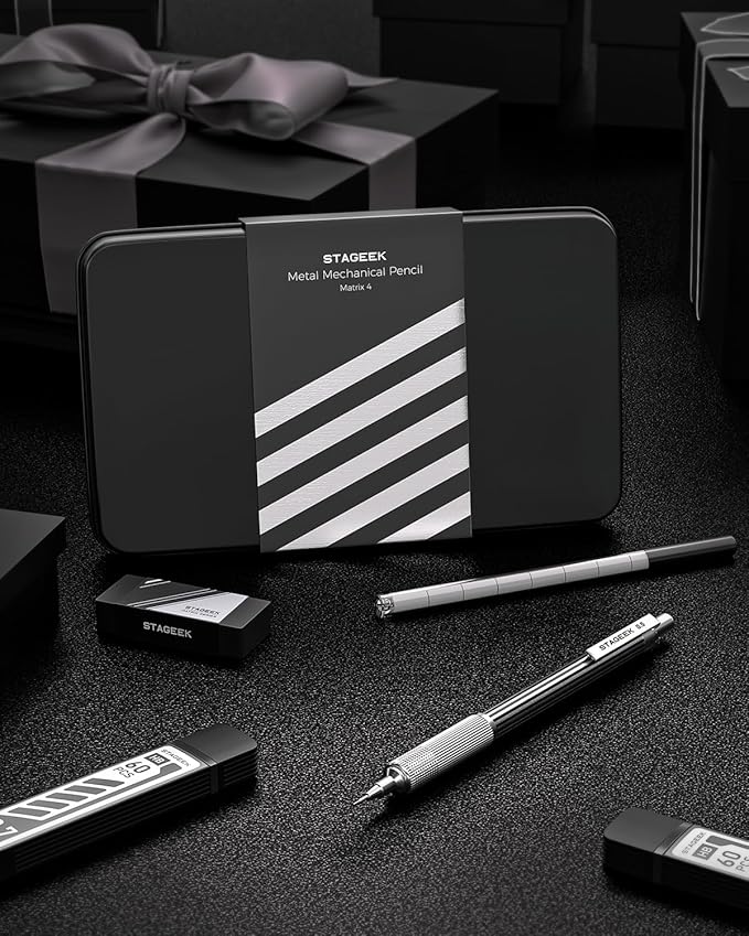 STAGEEK 0.5mm Mechanical Pencil with Metal Gift Case, 1PCs Metal Mechanical Pencil with 120PCS HB Lead Refills,4B Erasers and 9PCS Eraser Refills, for Writing Drafting Drawing and Sketching(Silver)