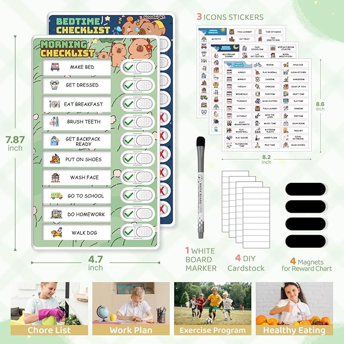 Upgraded Slider Chore Chart for Kids, Magnetic Kids Chore Chart for 2 Kids, Dry Erase Morning/Bedtime Routine Chart for Kids Toddlers, Visual Schedule for Kids