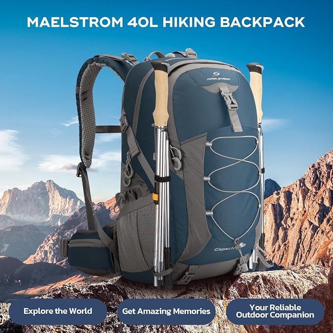 Maelstrom 40L Hiking Backpack, Lightweight Camping Daypack with Rain Cover | Water-Resistant Rip-Stop Nylon, Wet/Dry Separation, Multi-Pockets, Survival Whistle. Ideal For Men, Women, Travel, Trekking