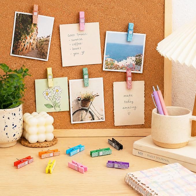 Haooryx Push Pin with Wooden Clips - 48Pcs Back To School Cork Bulletin Board Tack Thumbtacks Composition Notebook Clothes Pin Shaped Photo Clip for Back to School Classroom Board Artwork Teacher Gift