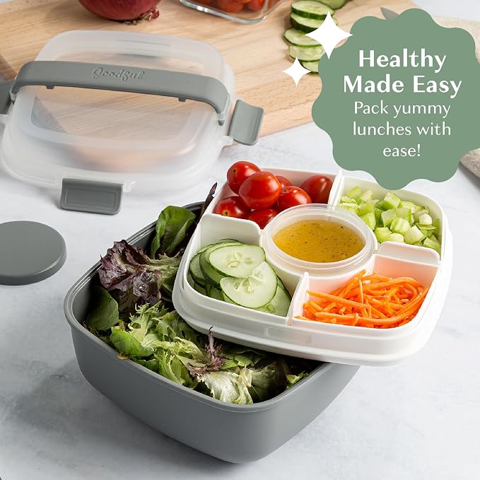 Goodful Stackable Lunch Box Container, Bento Style Food Storage with Removeable Compartments for Sandwich, Snacks, Toppings & Dressing, Leak-Proof and Made without BPA, 56-Ounce, Gray