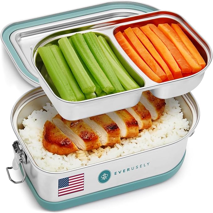 Stainless Steel Bento Box - Tiered Lunch Box for Adults - 2 Compartments Metal Food Container - Leakproof Lockable Lid with Silicone Ring - Removable Compartmented Layer - by Everusely