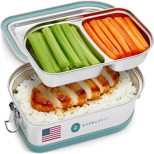 Stainless Steel Bento Box - Tiered Lunch Box for Adults - 2 Compartments Metal Food Container - Leakproof Lockable Lid with Silicone Ring - Removable Compartmented Layer - by Everusely