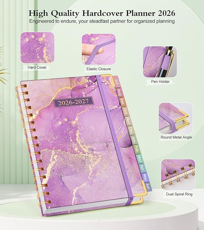 Academic Planner 2026-2027, Hardcover Weekly and Monthly Calendar Planner from July 2026 - June 2027, Daily Agenda Planners with Tabs, College School Organizer for Student Teacher, A4 (8.5" x 11"), Purple Marble