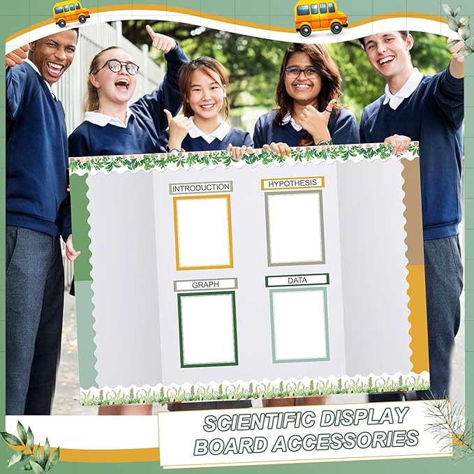 Fuyoooo 90 Pcs Science Fair Board Supplies 60 Trim Scalloped Bulletin Borders 24 Presentation Board Subtitles 6 Science Fair Titles for Classroom Display Boards (Plant)