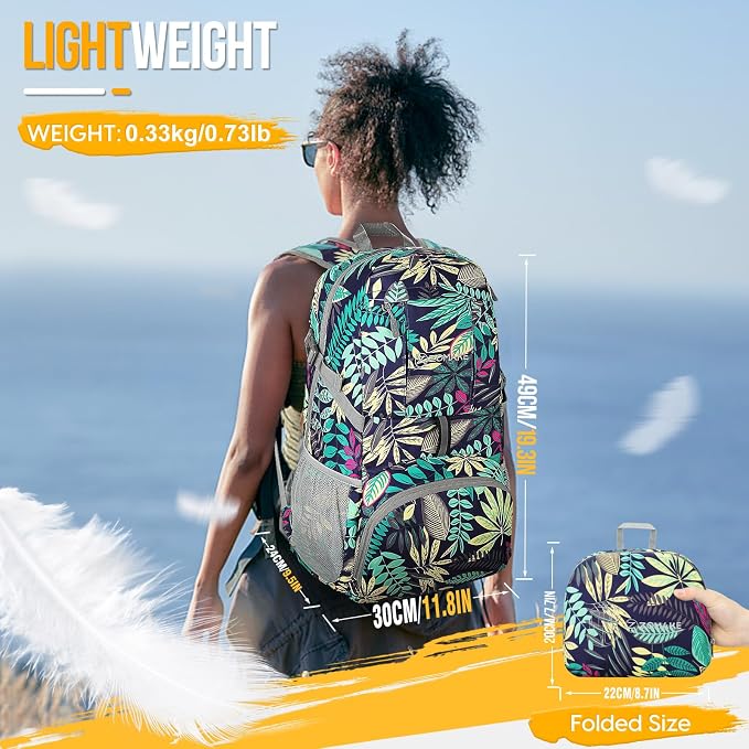 ZOMAKE Lightweight Packable Backpack 35L, Water Resistant Foldable Day Pack | Collapsible Hiking Backpacks, Compact Folding Daypack for Travel Camping, Everyday Carry, Multi-Pocket Layout(Leaf Print)