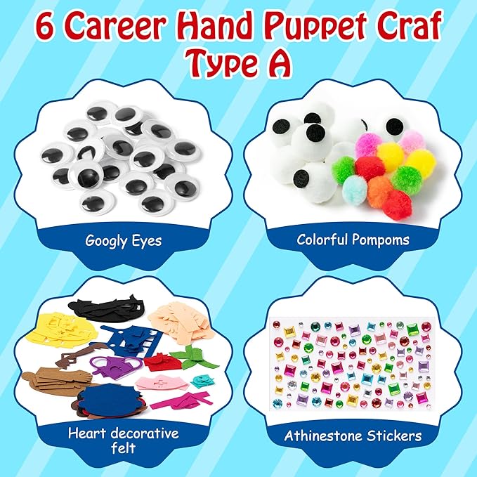WATINC 6Pcs Hand Puppet Making Kit, Art Craft Felt Sock Puppet Toys, Creative DIY Make Your Own Pompoms Wiggle Googly Eyes Storytelling Role Play Party Supplies Gift for Girls Boys (Career A)