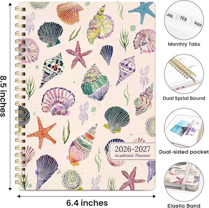 Academic Planner 2026-2027, Weekly and Monthly Calendar Book, July 2026 – June 2027, Hardcover Planner with Tabs, Perfect for Teachers, Students, Women & Men, A5 (6.4" x 8.5") - Sea Shell