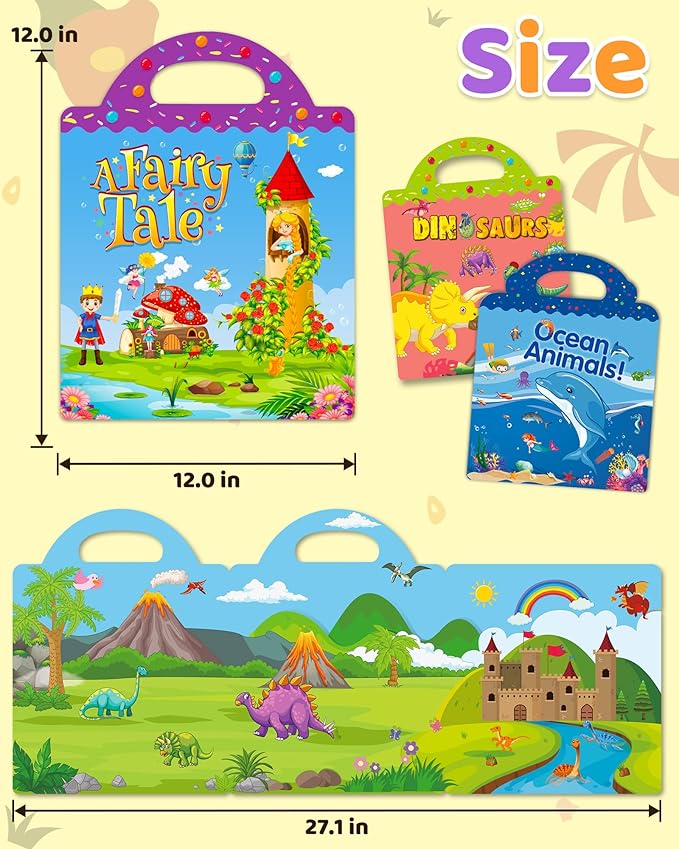 Benresive Reusable Sticker Book for Toddlers, Stickers for Kids, Travel Toys for Arts & Crafts Activities, Birthday Gift for Boys & Girls, Ocean, Fairy and Dinosaur Themes