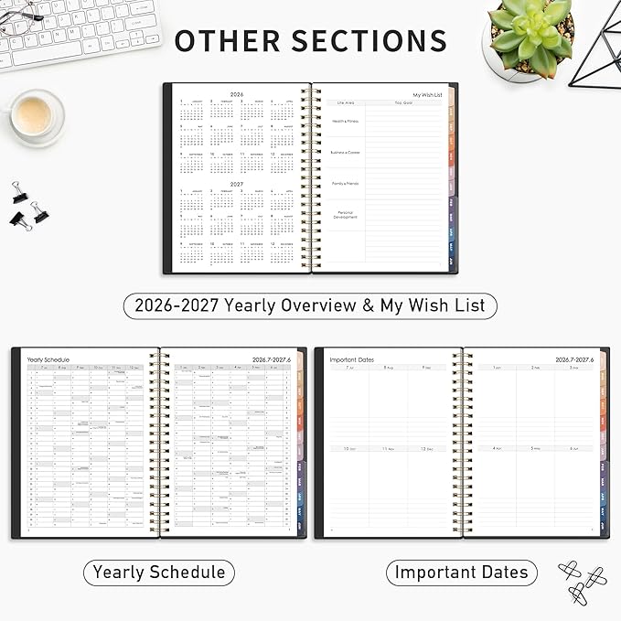 RETTACY Academic Planner 2026-2027, Weekly and Monthly, July 2026 - June 2027, Large Size (8.5" x 11"), Calendar, Agenda, 12-Month Tabs, for Student, Teacher, School (Black)