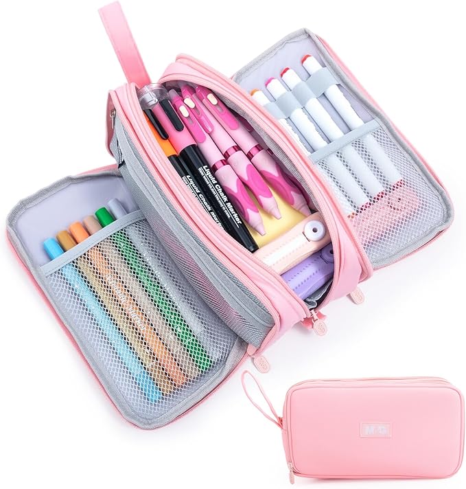 M&G Large Pencil Case, Big Capacity Pencil Pouch with 3-layer Compartment, Portable Handheld Pencil Bag, Cute School Stationery Organizer for Boys Girls Men Women, Ideal for Office School, Pink