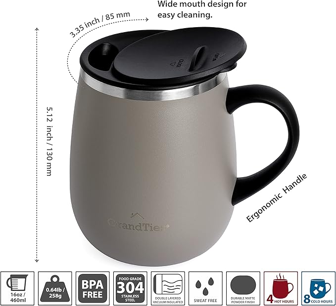GRANDTIES Insulated Coffee Mug with Handle - Sliding Lid for Splash-Proof 16oz Wine-Glass Shape Thermal Tumbler with Double Walled Vacuum Stainless Steel to Keeps Beverages Hot or Cold-Caffe Latte
