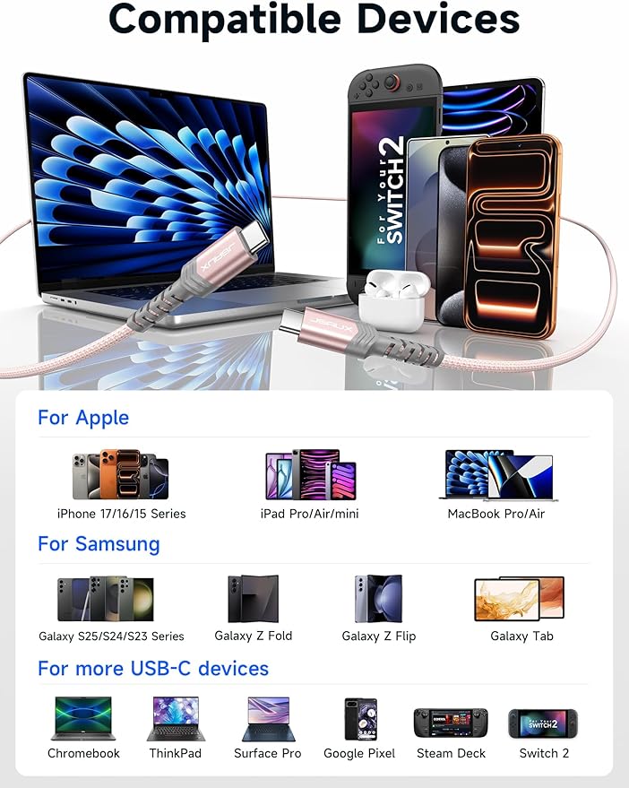 JSAUX 100W USB C to USB C Cable for iPhone 17, USBC Type C Charge Cord 5A Fast Charging Compatible with iPhone 17 Air 16 15 Pro Max Samsung Galaxy S25 S24 MacBook iPad Pro Carplay (2-Pack, 6.6ft) Pink