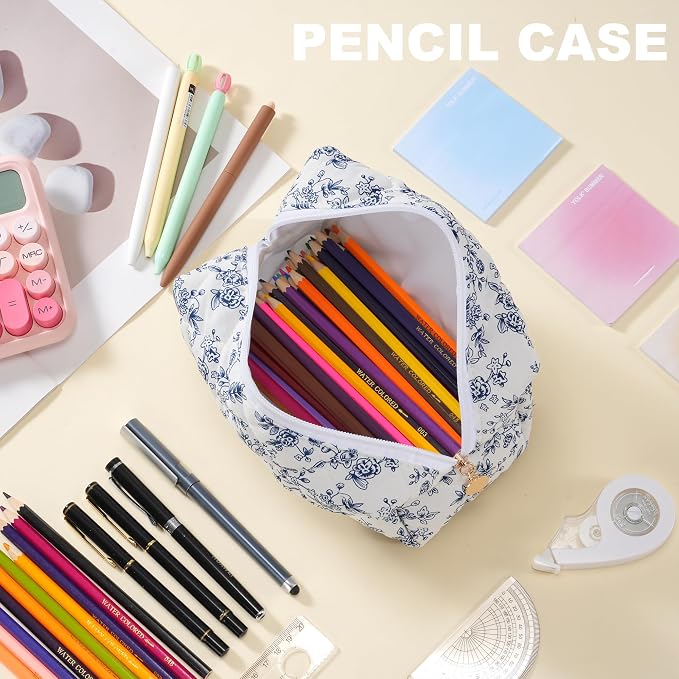 Makeup Bag Travel Toiletry Bag for Women, Small Cosmetic Bags Aesthetic Organizer Quilted Cotton Makeup Pouch&Purse Emergency Bag Floral Pencil Case Accessory Bag, Vintage Blue