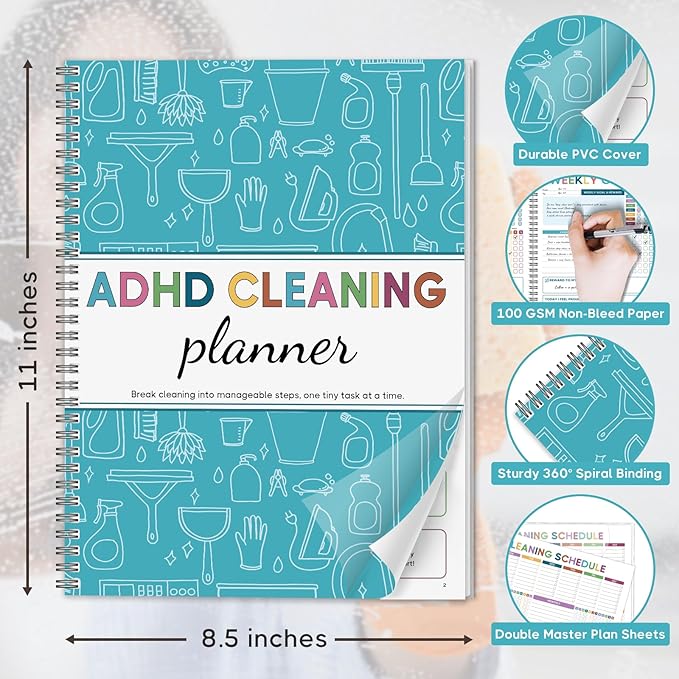 ADHD Cleaning Planner - Undated Blue House Cleaning Schedule & Chore Tracker Checklist for Adults. Dry Erase PVC Spiral Notebook for Daily Weekly Monthly Home Management