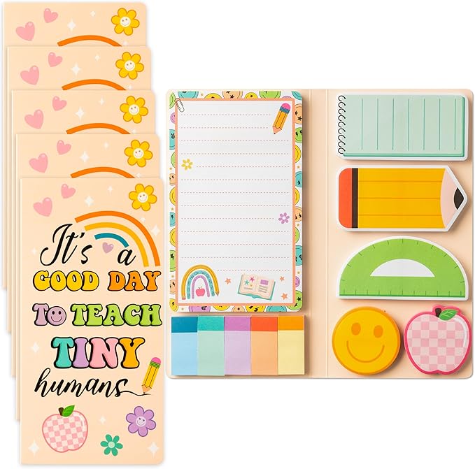 B1ykin Retro Teacher Sticky Notes Set - A Good Day to Teach Tiny Humans Self-Stick Notes Pad, 550 Sheets Writing Memo Pages Sticky Notepad for Teacher Appreciation Gifts, School Office Supplies (5Pcs)