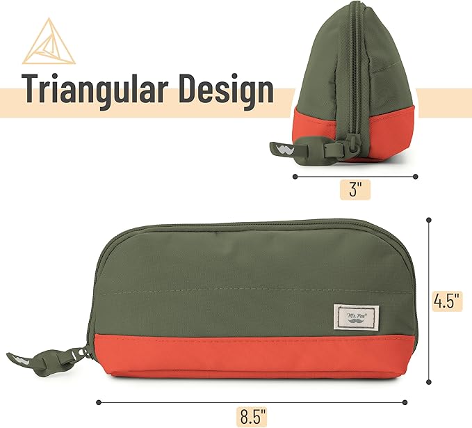 Mr. Pen- Fabric Pencil Case Pouch, 5 Mesh Pockets, Olive Green & Orange, Triangular Shape Pencil Pouch