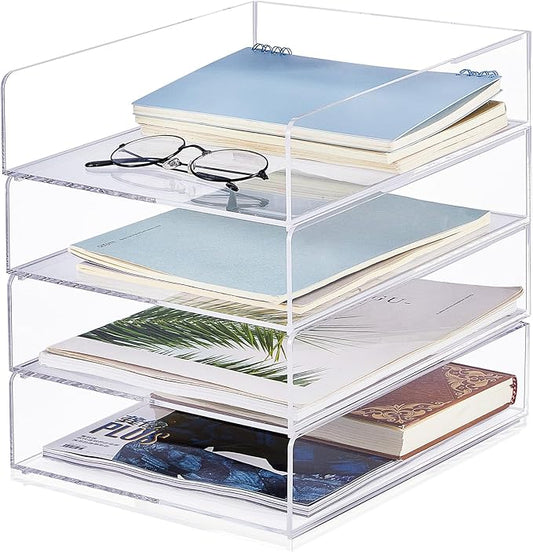 Harloon 4 Tier Paper Organizer Letter Tray Acrylic Desk File Organizer Heavy Duty Stackable Documents Clear Letter Paper Holder Sorter Office Tray for A4, Office Classroom Home File Pad Notebooks