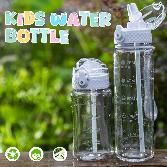 OLDLEY 17oz Kids Water Bottle, Tritan BPA-Free, Leakproof Flip Straw Lid, Motivational Time Marker, Carry Strap, Reusable Clear Water Bottle for Boys & Girls,Clear